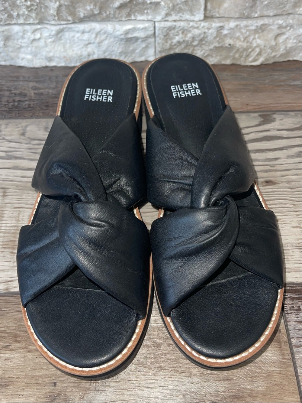 Eileen Fisher Black Leather Knot Platform Slide Sandals Women’s